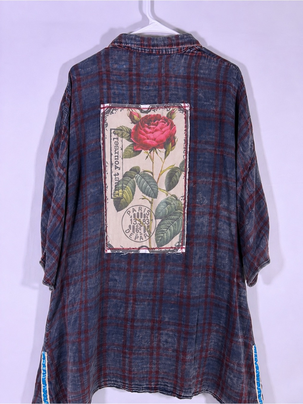 The Nu Vintage Shirt Plaid Rose Patch Back Oversized Tunic Made USA Large